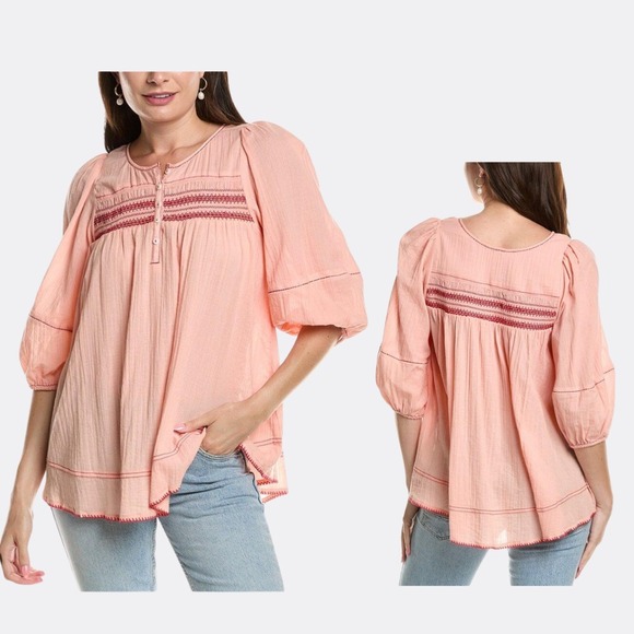 Free People Dylan Smocked Tunic Top NWT Size M Tropical Peach Combo Retail $148 - Picture 1 of 7
